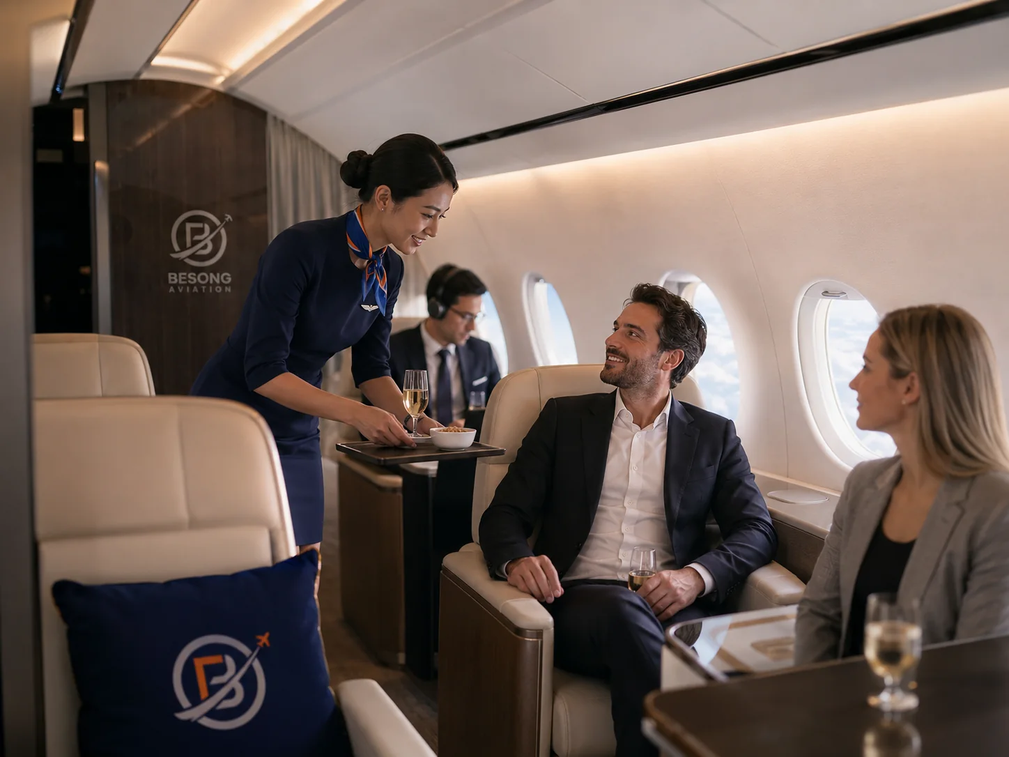 Cabin crew providing service to executive passengers