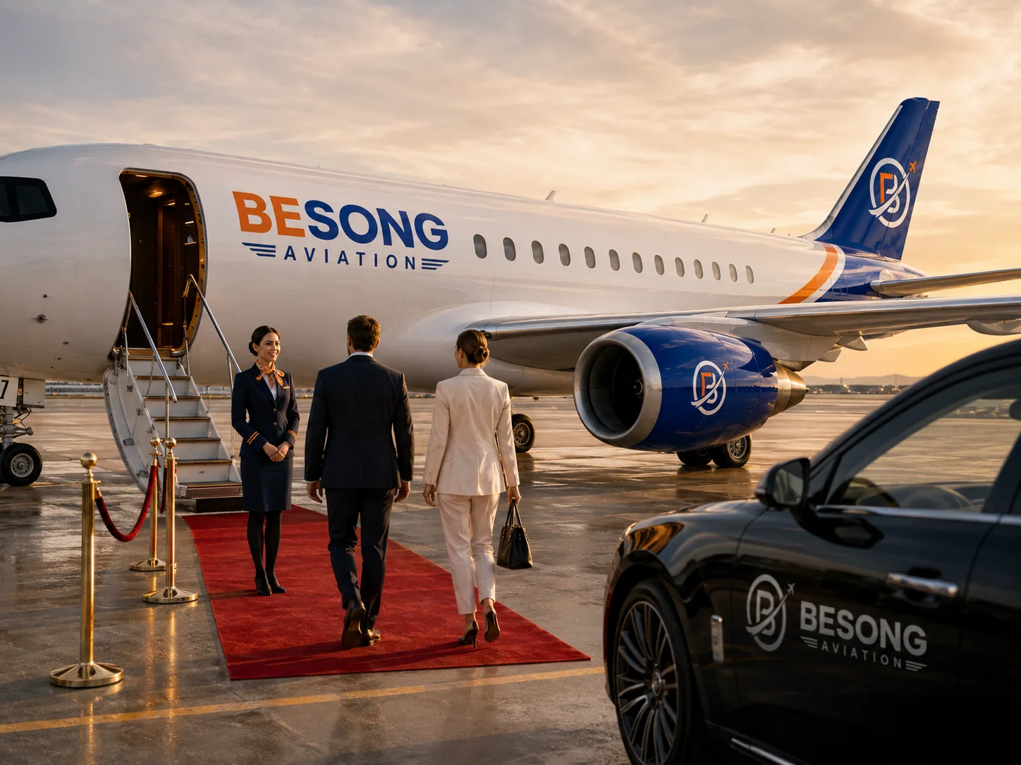 VIP passengers approaching a BESONG Aviation aircraft