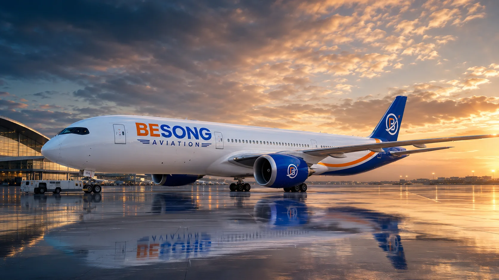 Wide-body BESONG Aviation branded aircraft at sunset