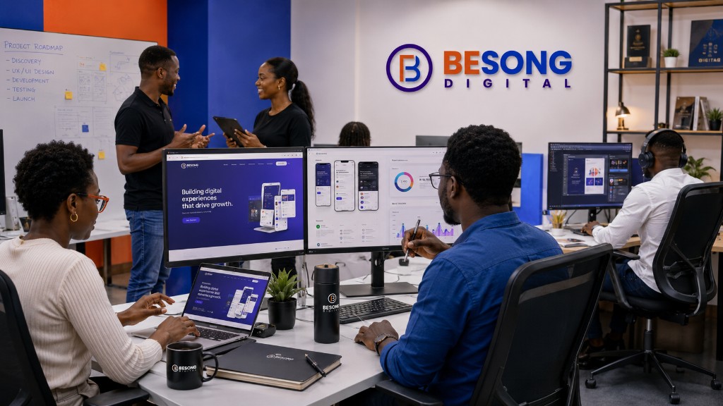 BESONG Digital team collaborating in a modern studio
