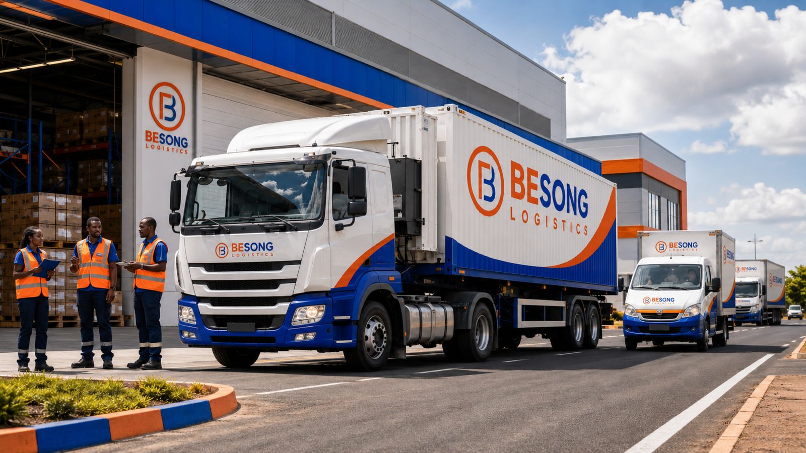 BESONG Logistics trucks loading at a distribution centre while crew check manifests