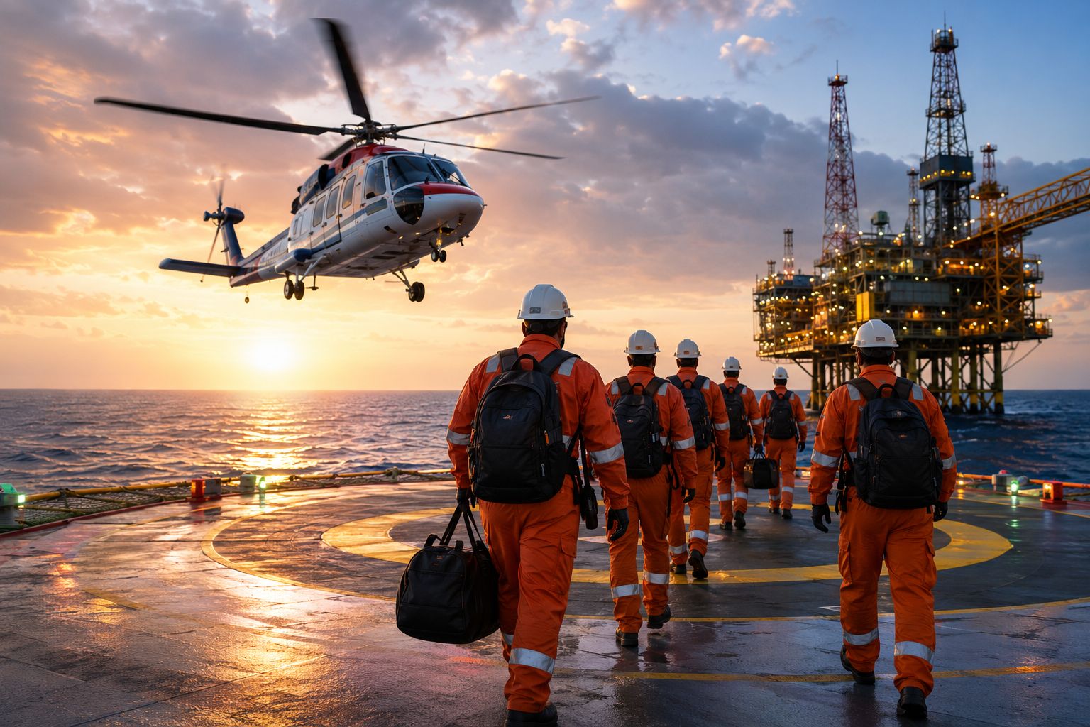 Offshore crew in survival suits crossing a helideck to board a waiting helicopter, with an offshore platform beyond