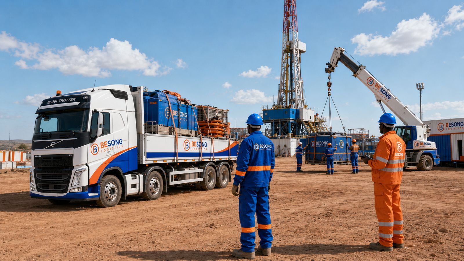 BESONG Logistics flatbed and crane delivering equipment to a remote drilling site